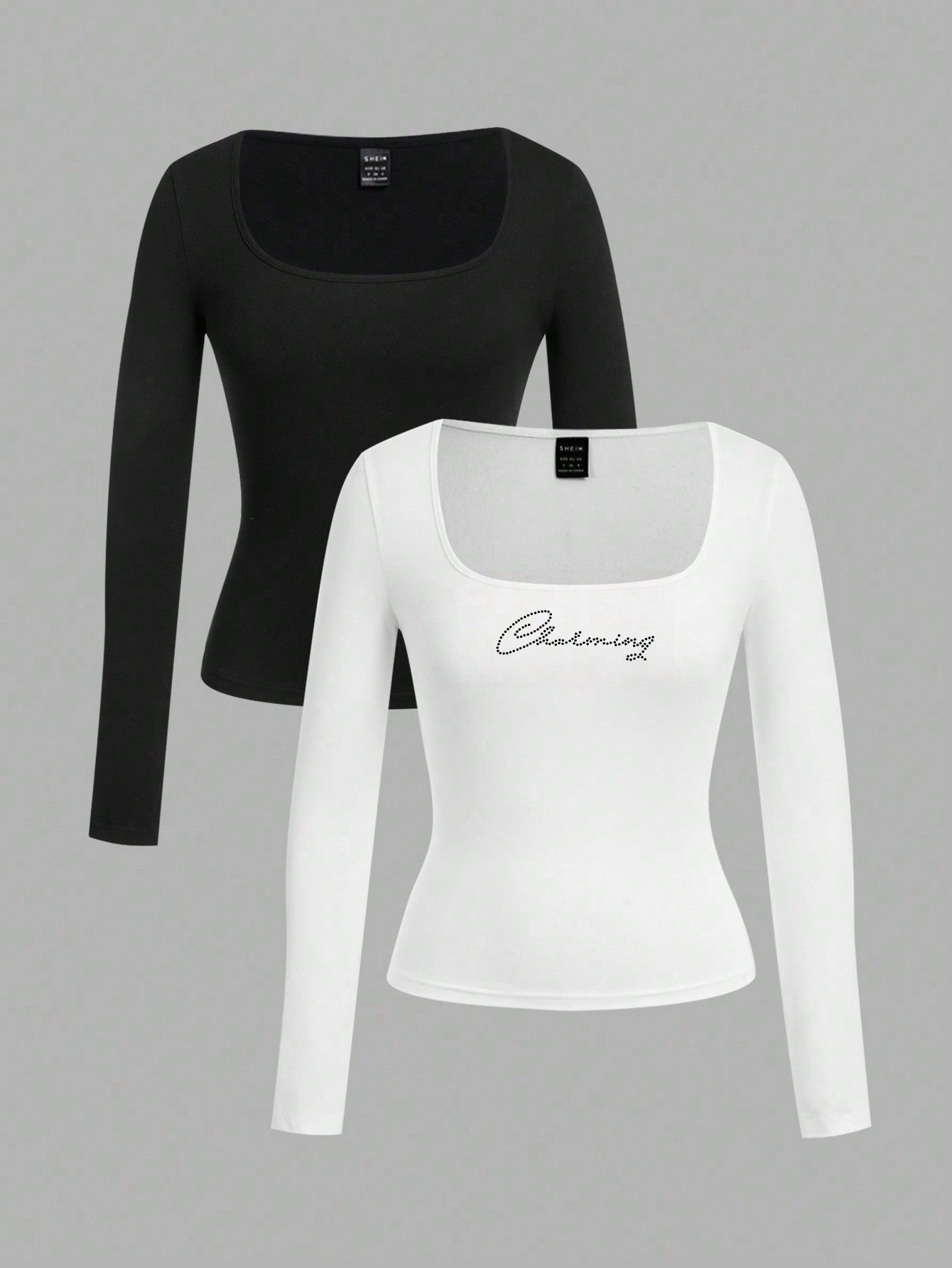EZwear 2pcs Women Square Neckline Skinny Long Sleeve Casual T-Shirt Suit - WestLine Apparel