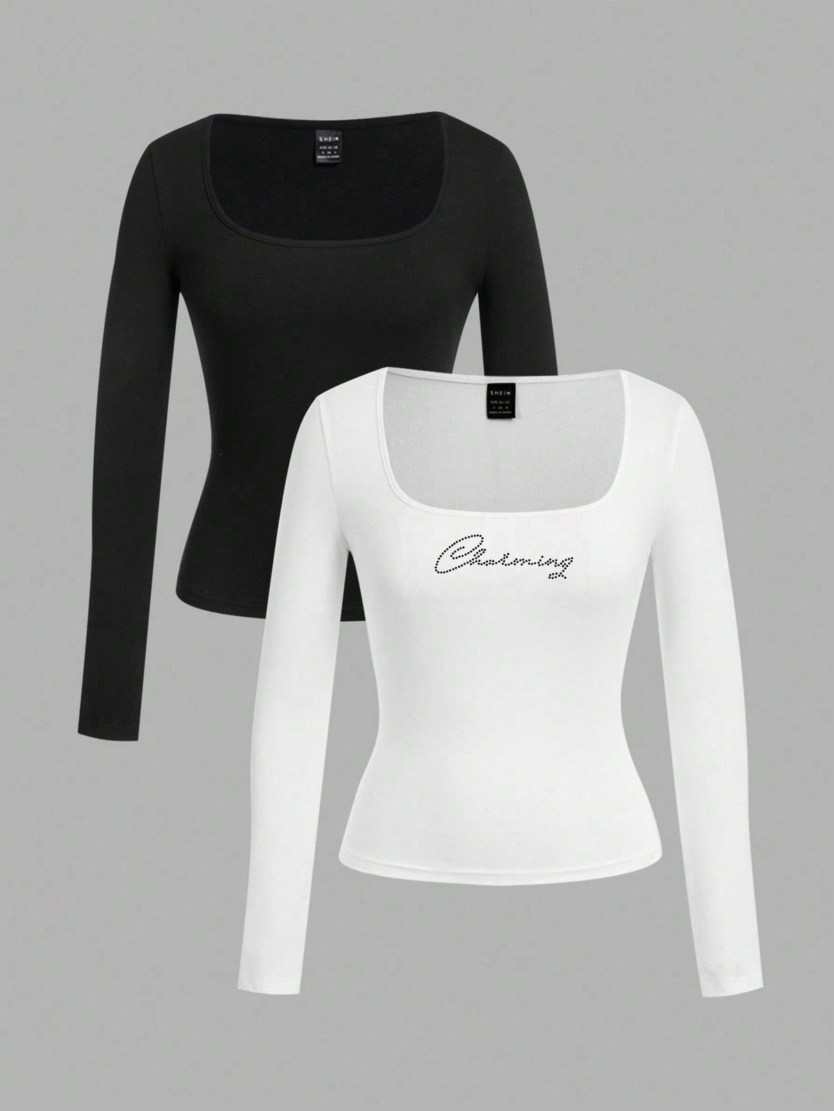 EZwear 2pcs Women Square Neckline Skinny Long Sleeve Casual T-Shirt Suit - WestLine Apparel
