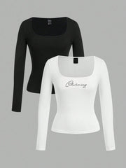 EZwear 2pcs Women Square Neckline Skinny Long Sleeve Casual T-Shirt Suit - WestLine Apparel