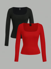 EZwear 2pcs Women Square Neckline Skinny Long Sleeve Casual T-Shirt Suit - WestLine Apparel
