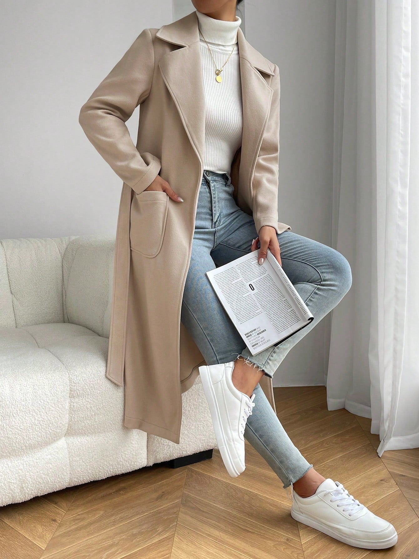 EZwear Lapel Neck Dual Pocket Belted Overcoat - WestLine Apparel