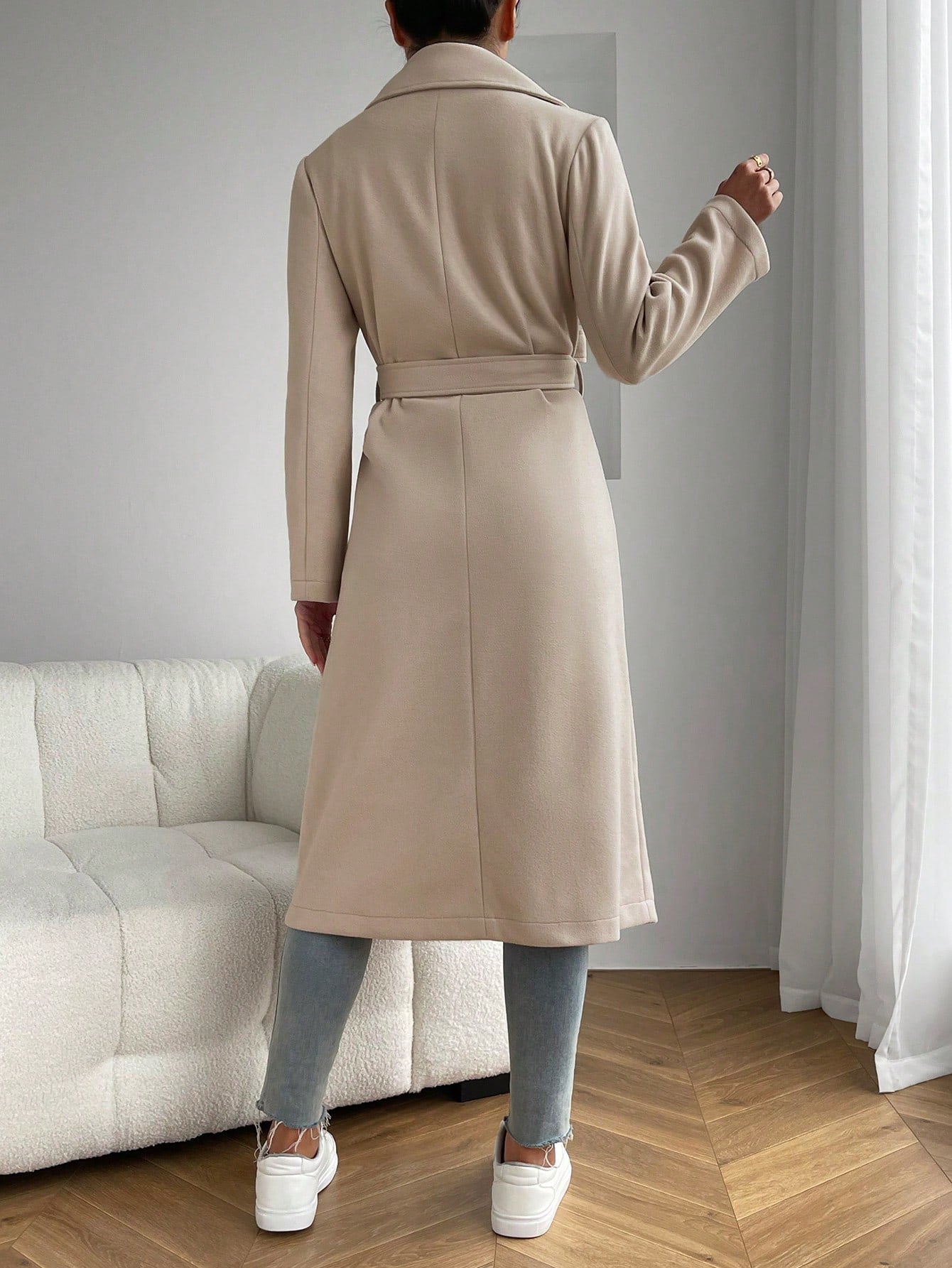 EZwear Lapel Neck Dual Pocket Belted Overcoat - WestLine Apparel