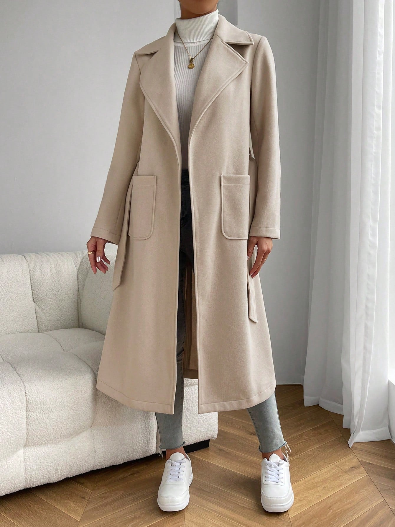 EZwear Lapel Neck Dual Pocket Belted Overcoat - WestLine Apparel