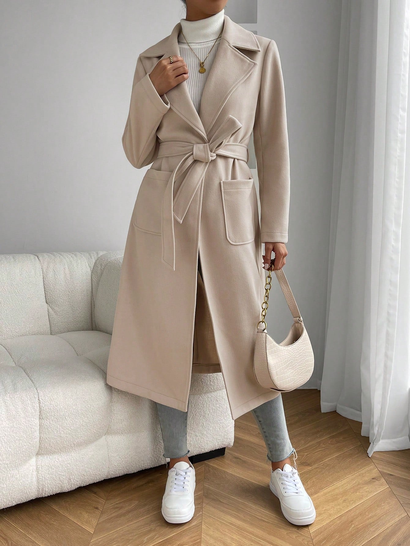 EZwear Lapel Neck Dual Pocket Belted Overcoat - WestLine Apparel