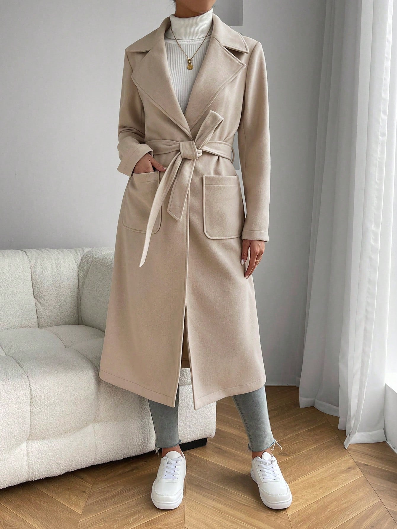EZwear Lapel Neck Dual Pocket Belted Overcoat - WestLine Apparel