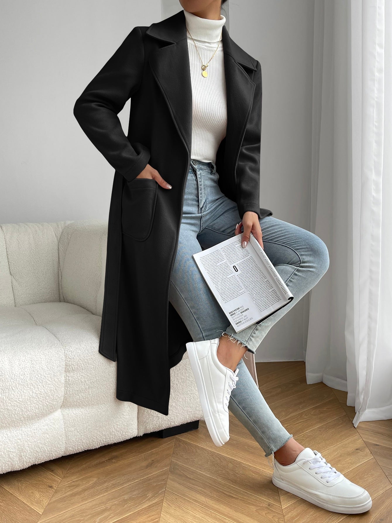 EZwear Lapel Neck Dual Pocket Belted Overcoat - WestLine Apparel