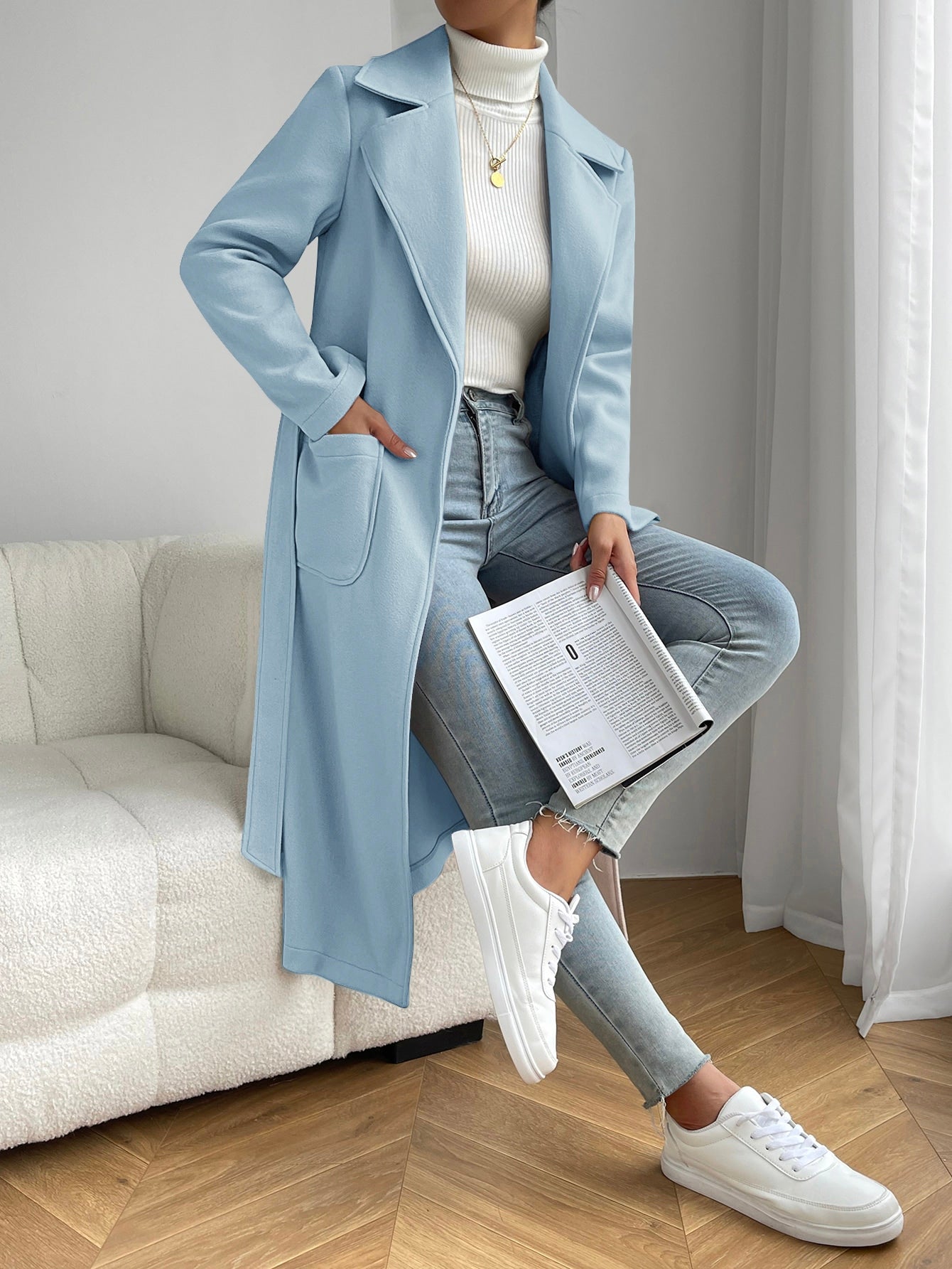 EZwear Lapel Neck Dual Pocket Belted Overcoat - WestLine Apparel