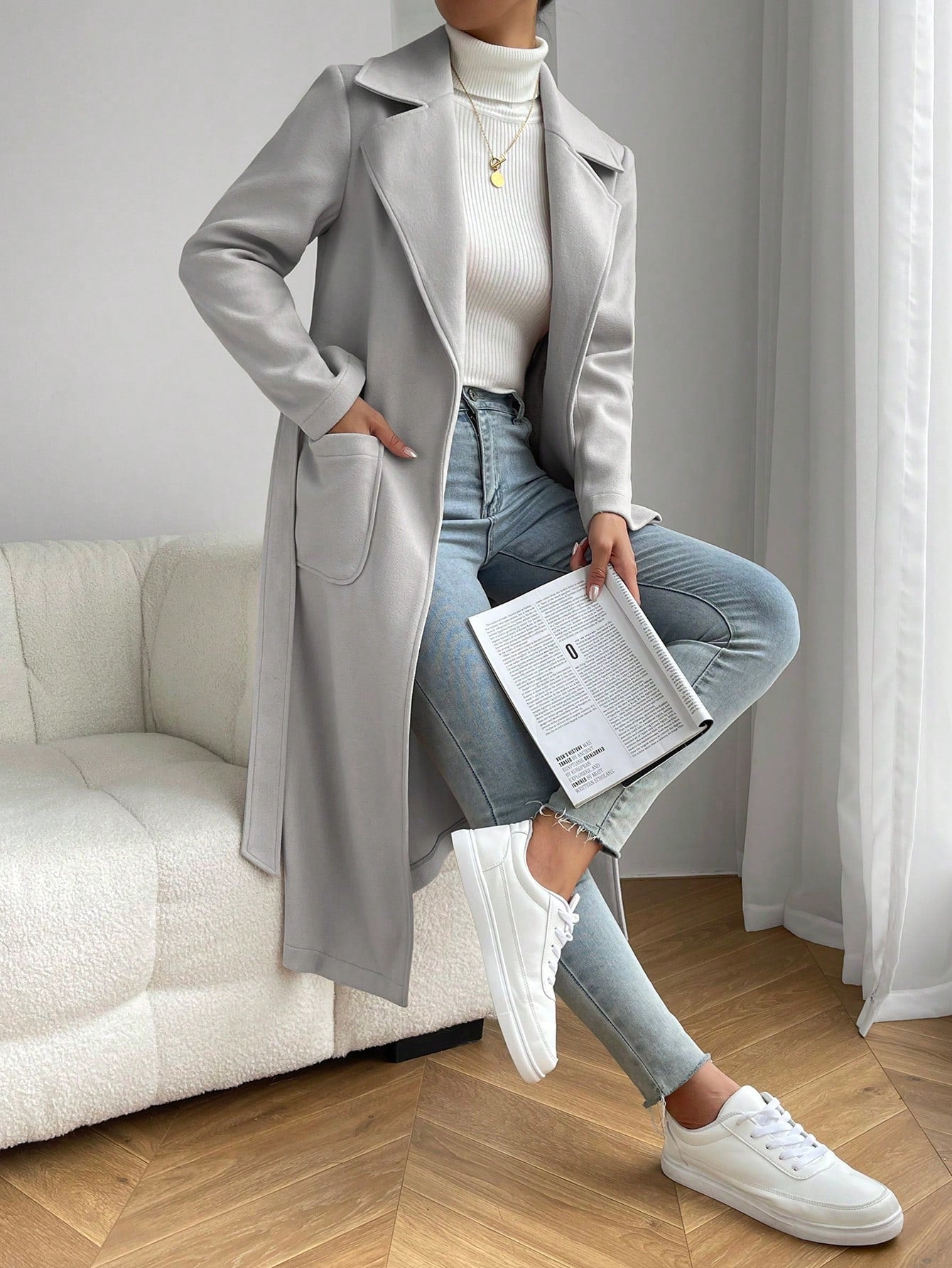 EZwear Lapel Neck Dual Pocket Belted Overcoat - WestLine Apparel