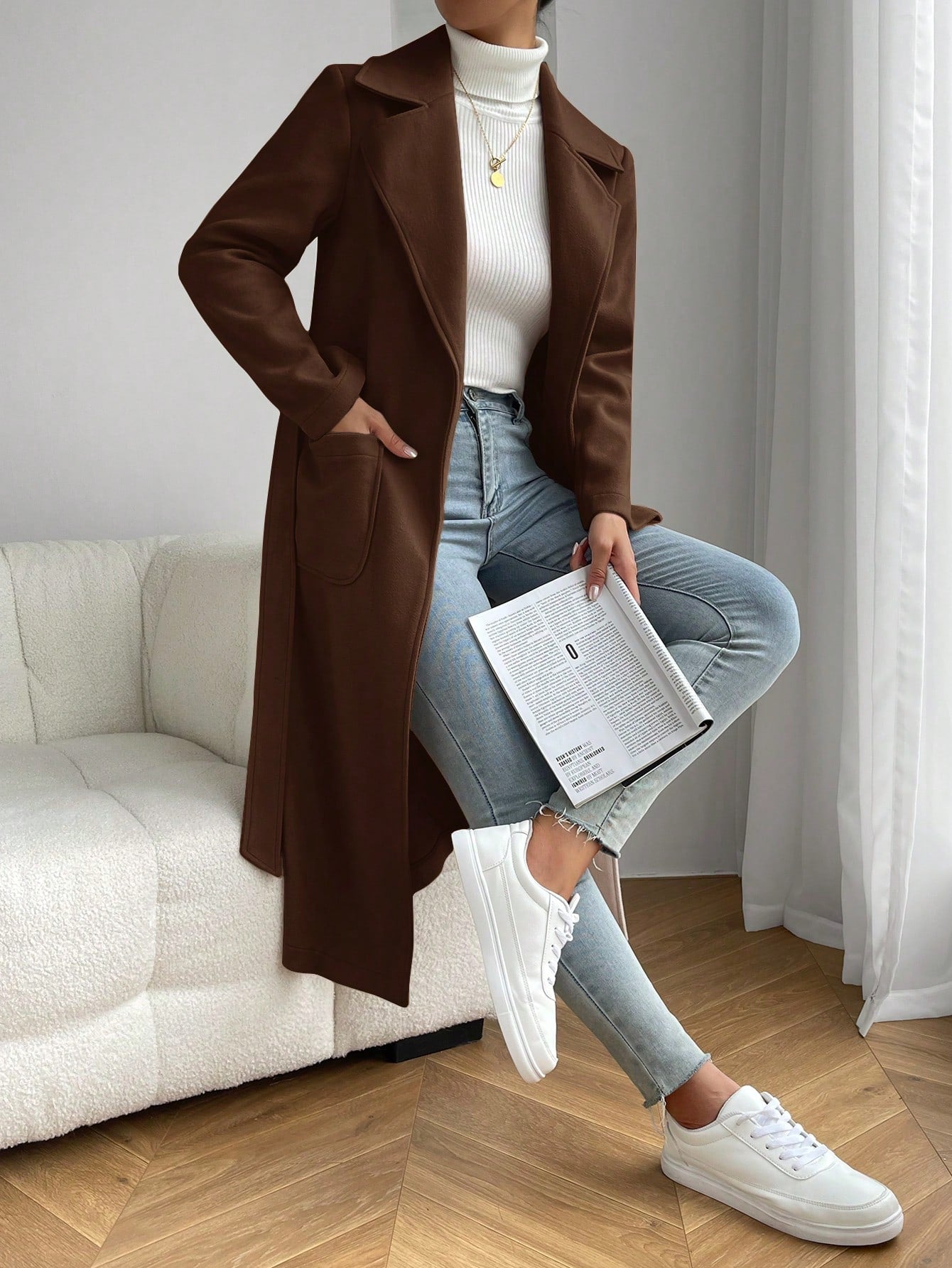 EZwear Lapel Neck Dual Pocket Belted Overcoat - WestLine Apparel