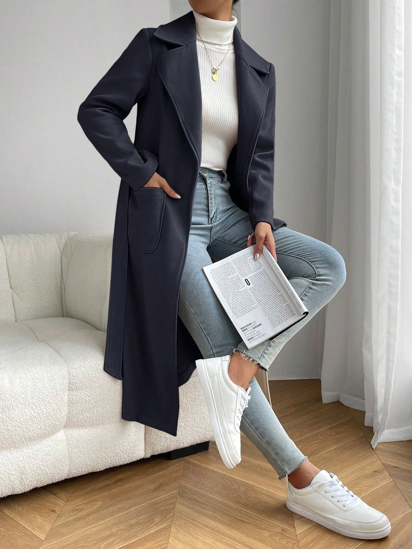 EZwear Lapel Neck Dual Pocket Belted Overcoat - WestLine Apparel