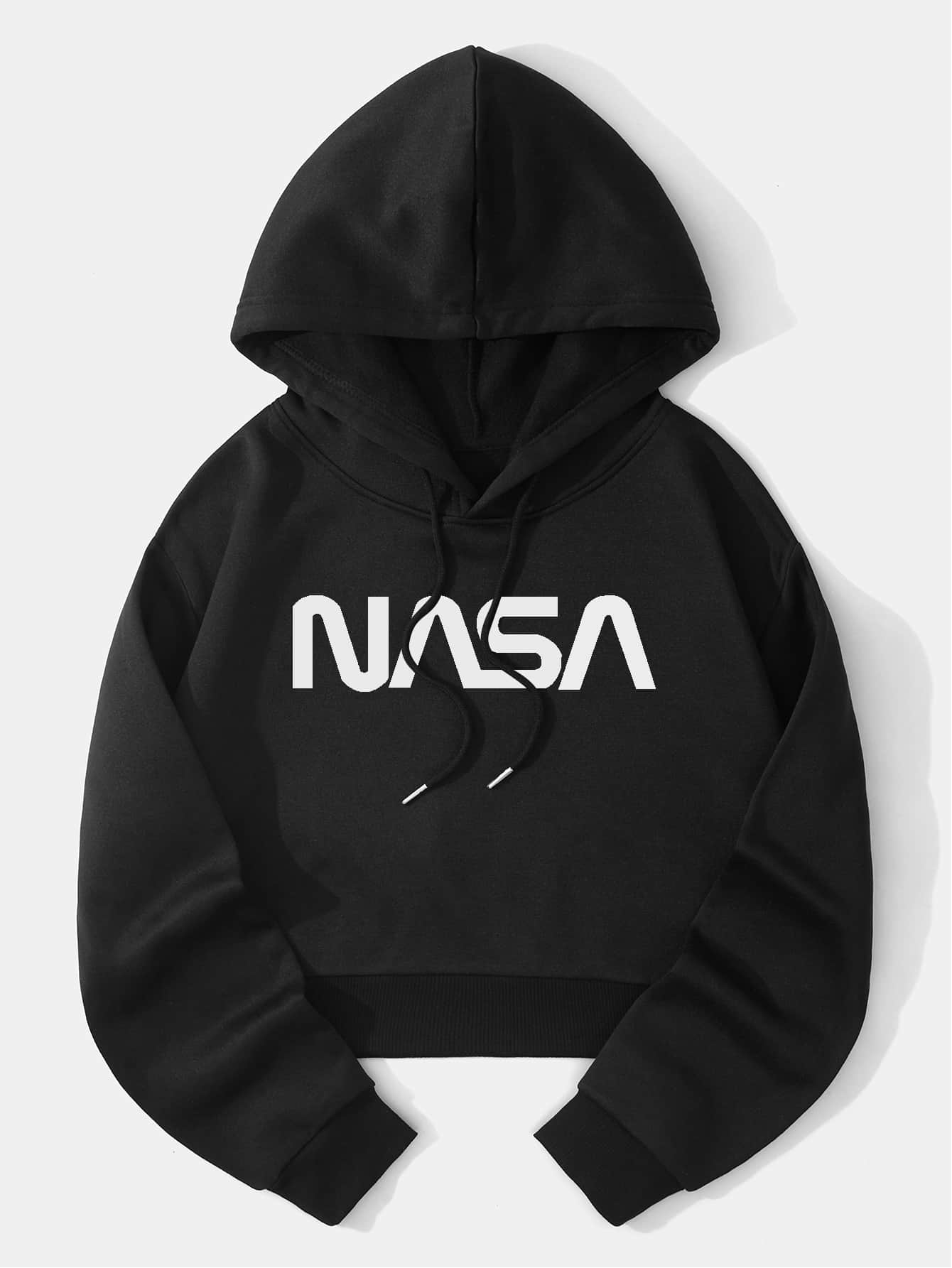EZwear Letter Graphic Drop Shoulder Drawstring Crop Hoodie - WestLine Apparel