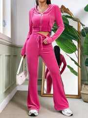 EZwear Rhinestone Letter Pattern Zip Up Velvet Hoodie And Flare Pants Set - WestLine Apparel