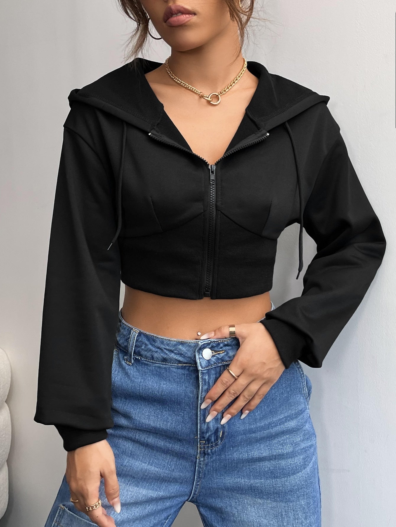 EZwear Solid Crop Drawstring Hooded Jacket - WestLine Apparel