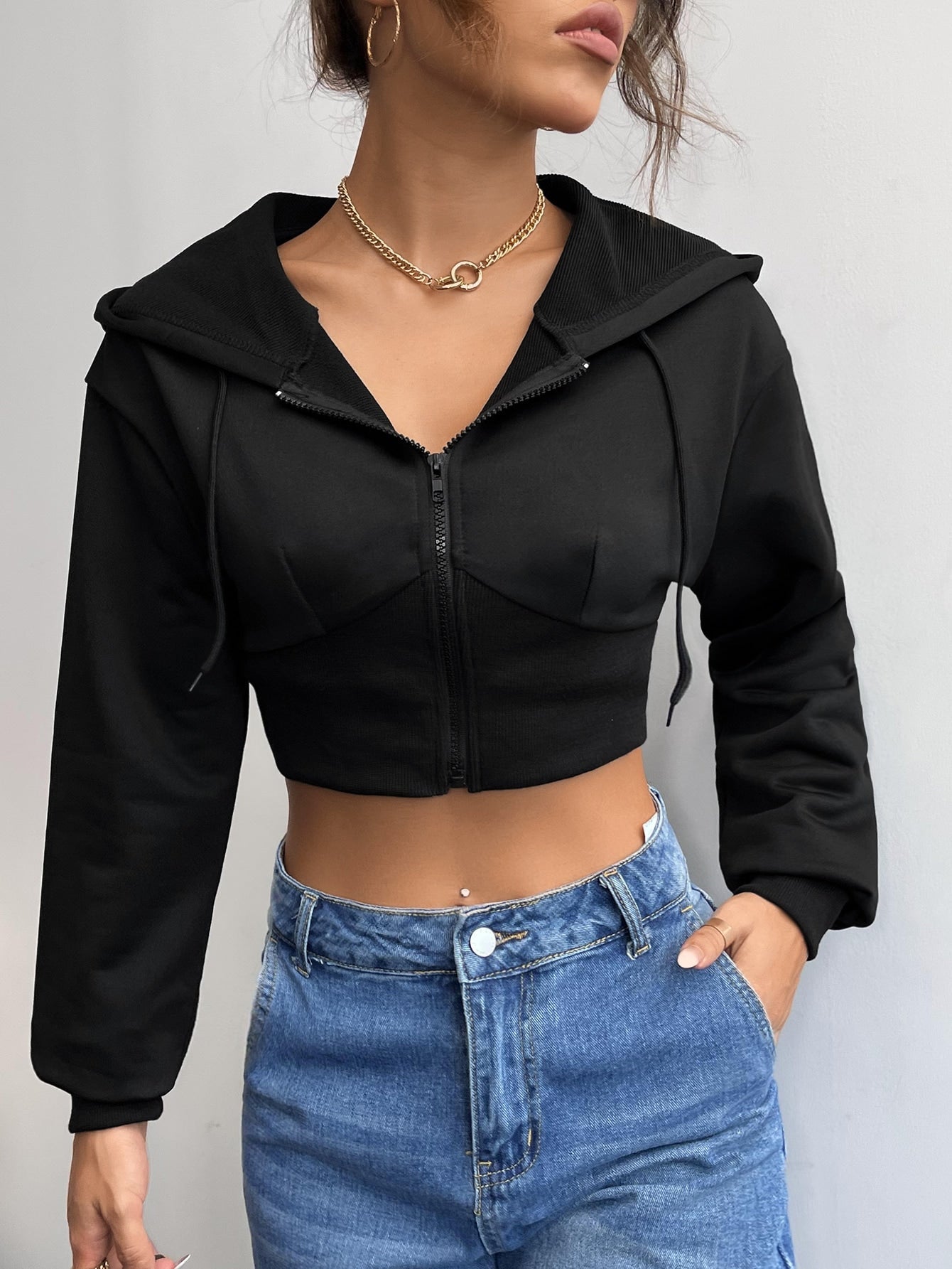 EZwear Solid Crop Drawstring Hooded Jacket - WestLine Apparel