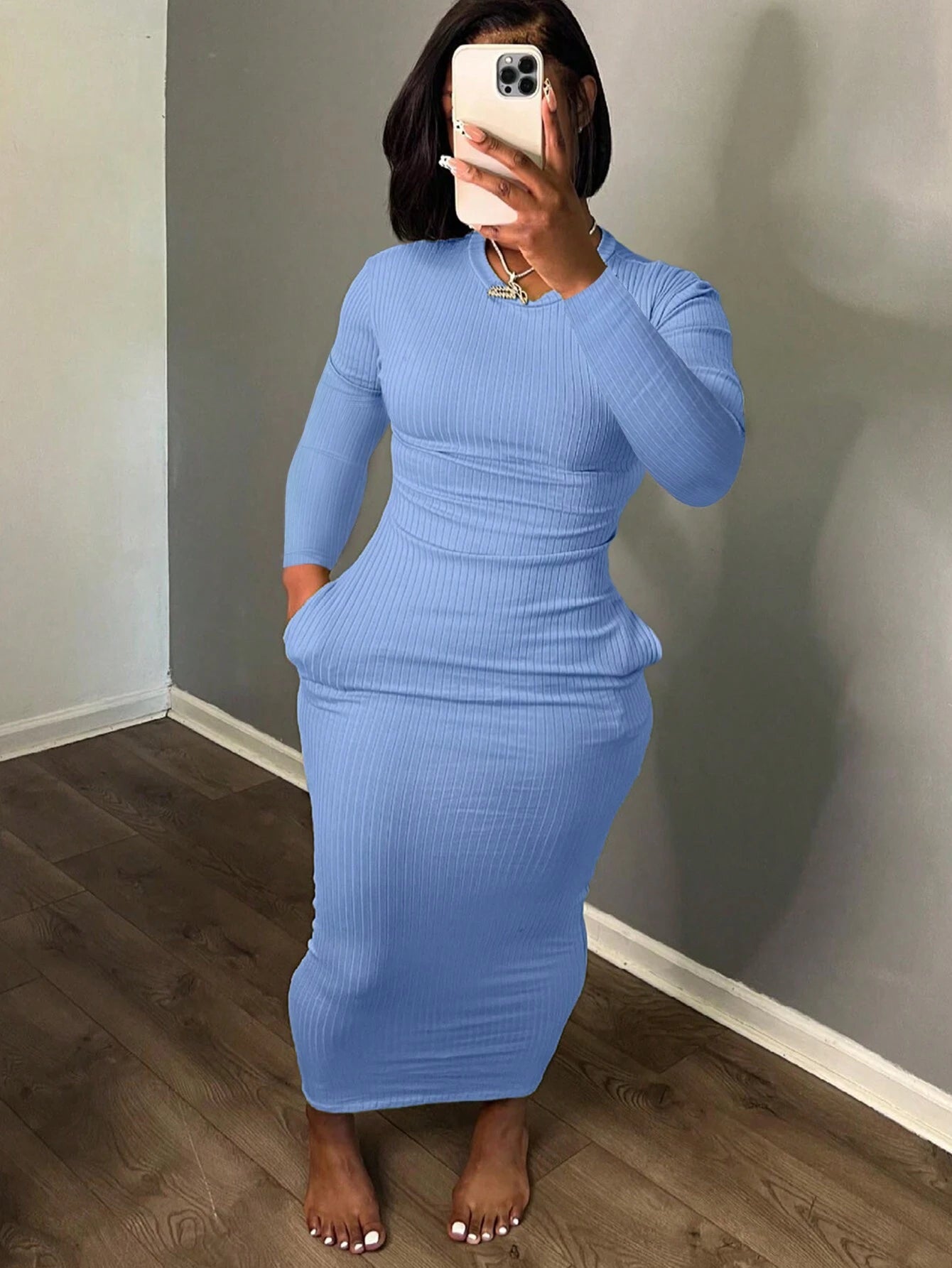 EZwear Solid Scoop Neck Bodycon Dress - WestLine Apparel