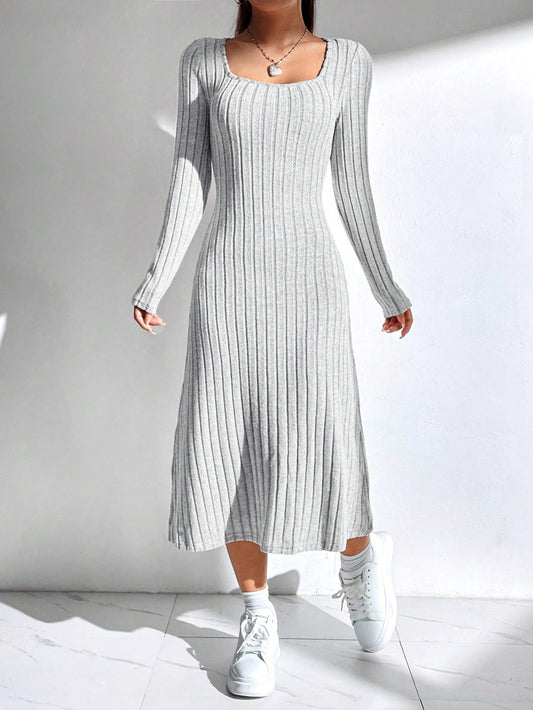 EZwear Women'S Solid Color Rib Knit Sweater Dress - WestLine Apparel