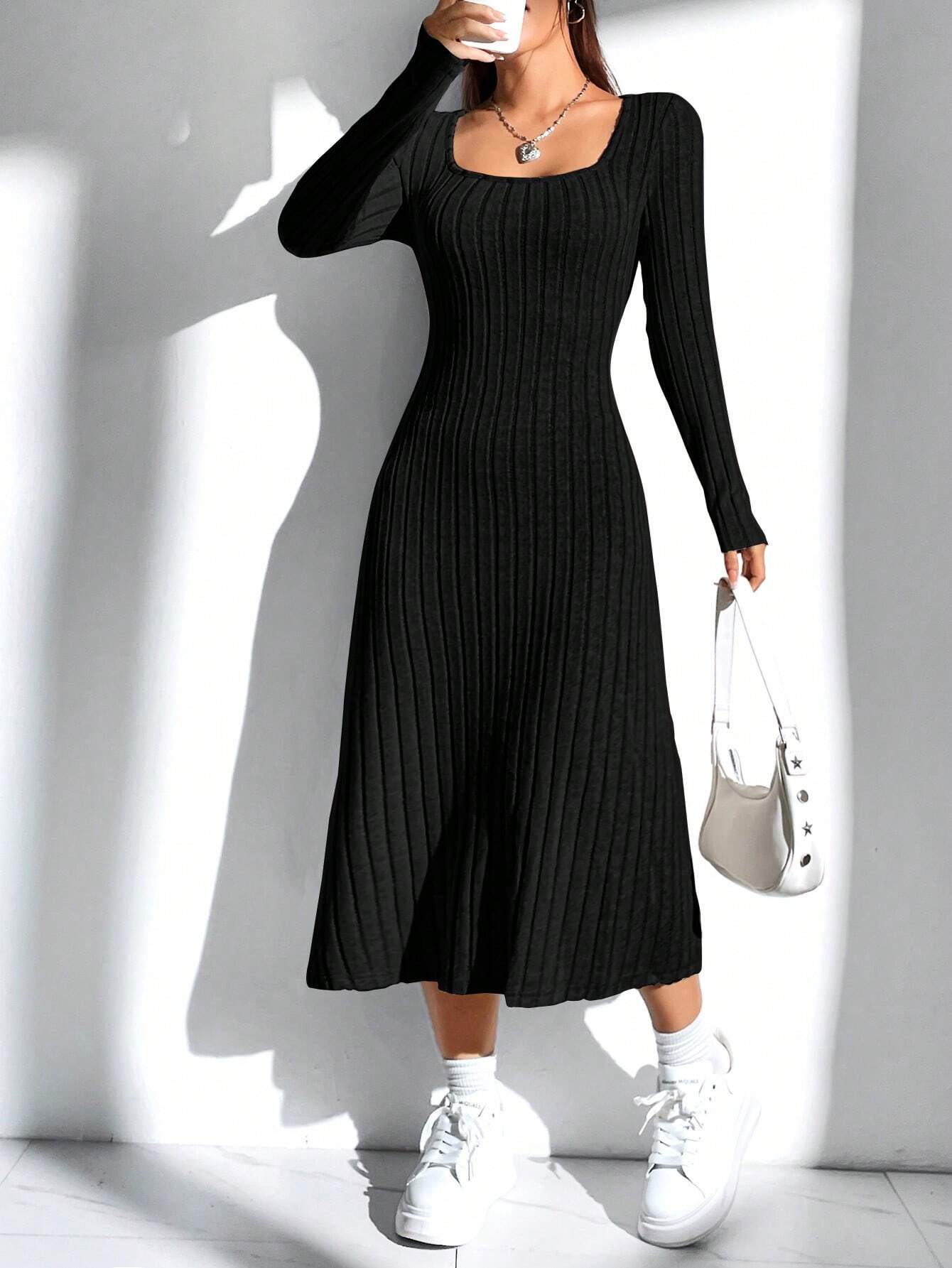 EZwear Women'S Solid Color Rib Knit Sweater Dress - WestLine Apparel