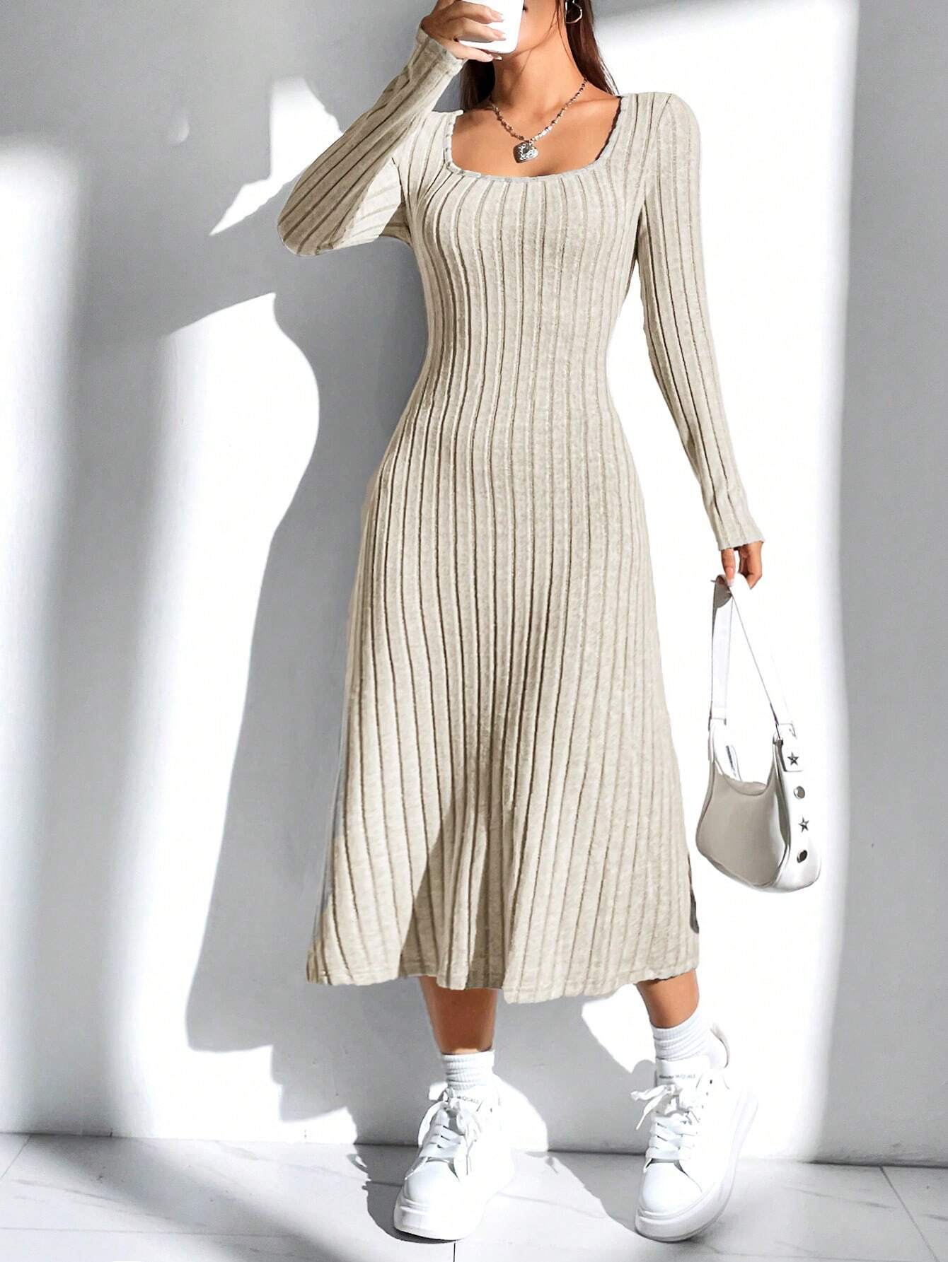 EZwear Women'S Solid Color Rib Knit Sweater Dress - WestLine Apparel