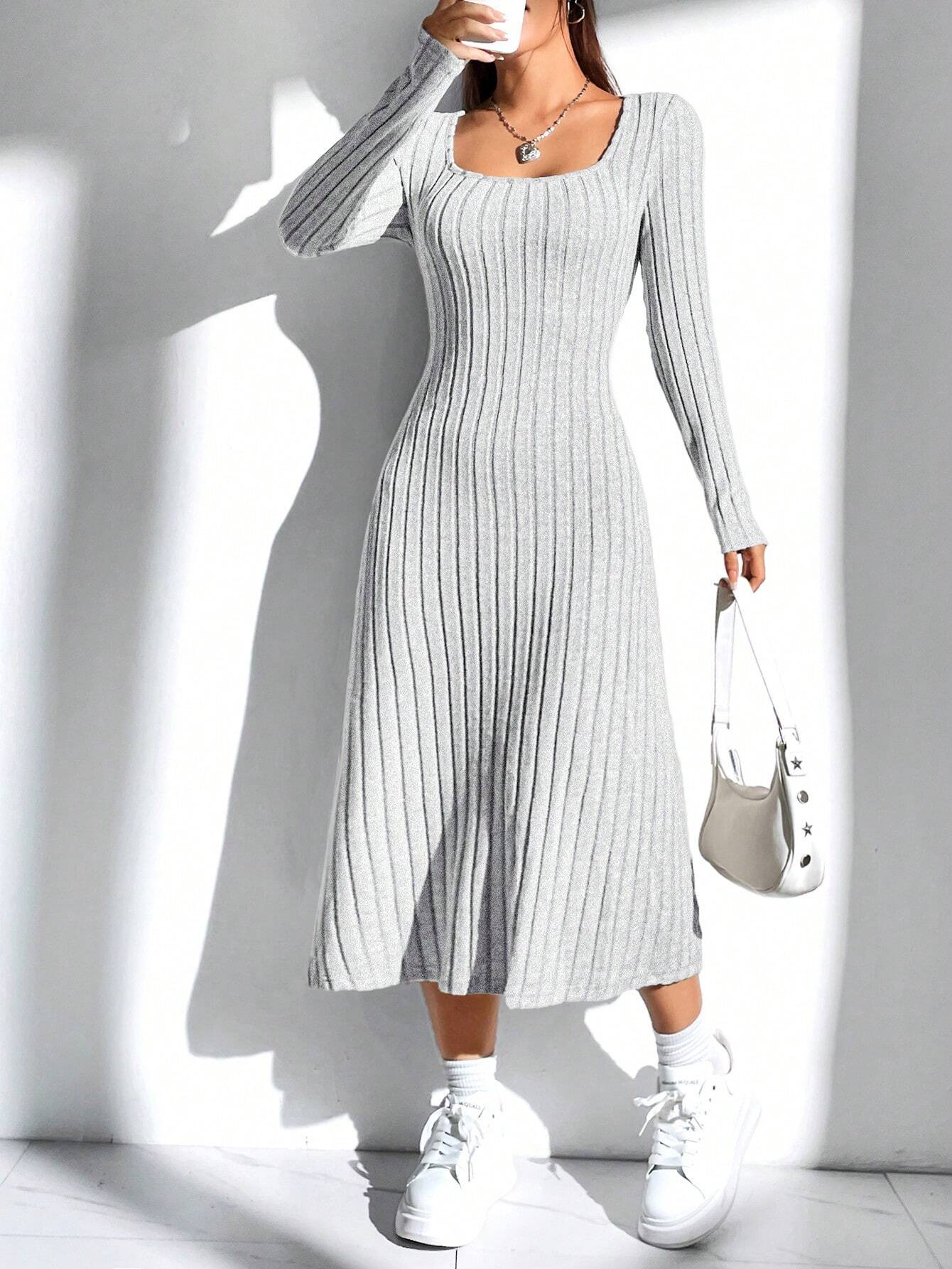 EZwear Women'S Solid Color Rib Knit Sweater Dress - WestLine Apparel