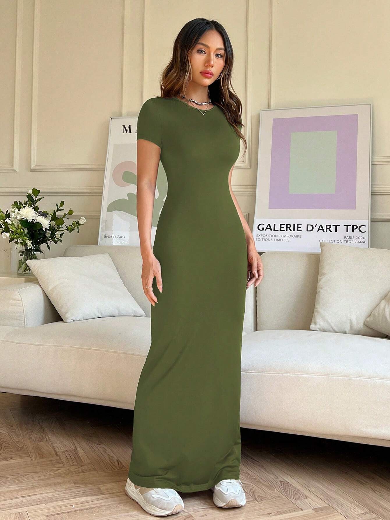 EZwear Women Summer Solid Color Short Sleeve Slim Fit Casual Midi Dress With Round Neck - WestLine Apparel