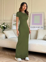 EZwear Women Summer Solid Color Short Sleeve Slim Fit Casual Midi Dress With Round Neck - WestLine Apparel
