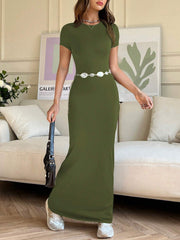 EZwear Women Summer Solid Color Short Sleeve Slim Fit Casual Midi Dress With Round Neck - WestLine Apparel