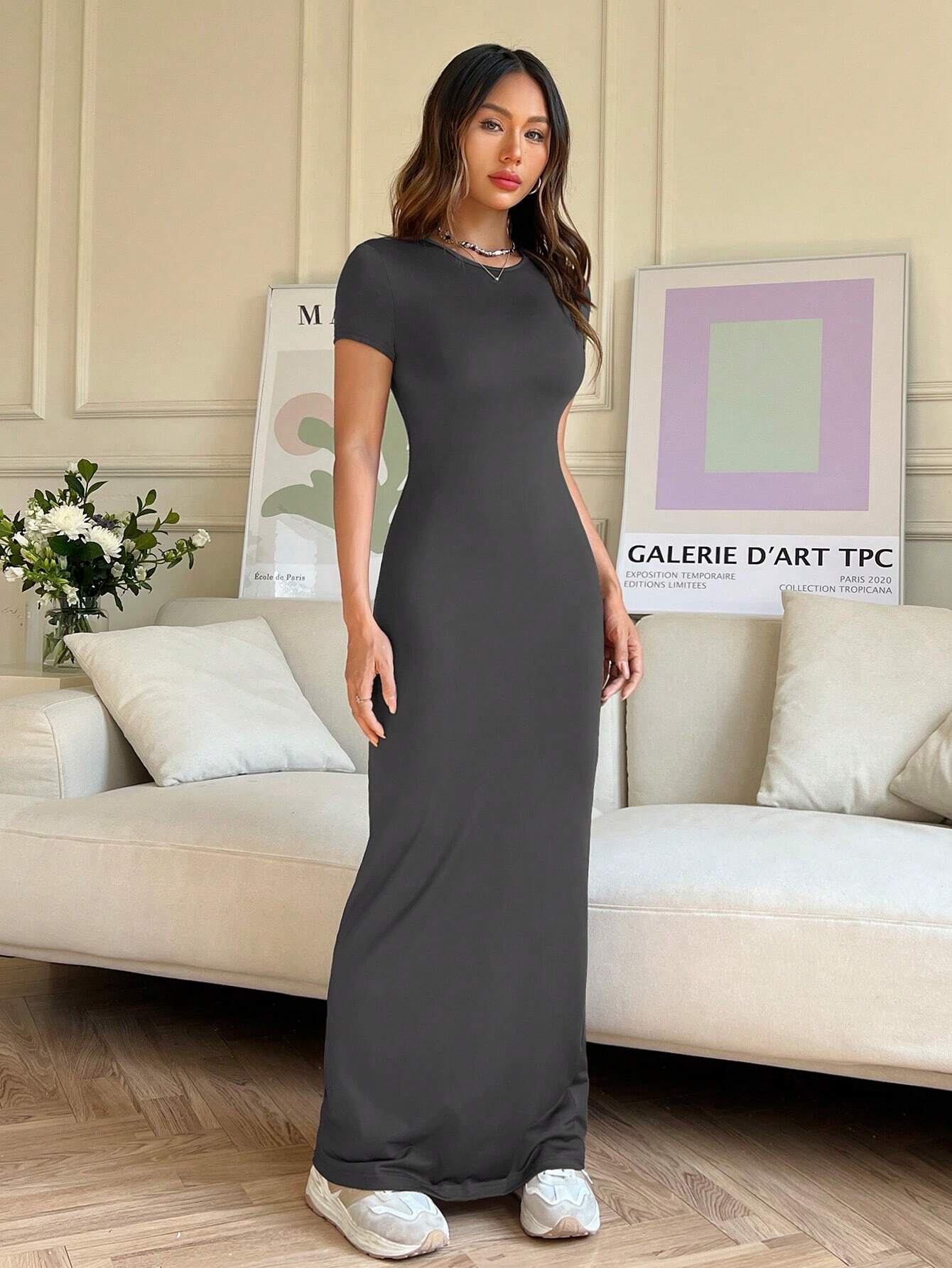 EZwear Women Summer Solid Color Short Sleeve Slim Fit Casual Midi Dress With Round Neck - WestLine Apparel