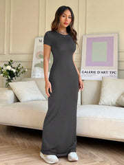 EZwear Women Summer Solid Color Short Sleeve Slim Fit Casual Midi Dress With Round Neck - WestLine Apparel