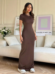 EZwear Women Summer Solid Color Short Sleeve Slim Fit Casual Midi Dress With Round Neck - WestLine Apparel