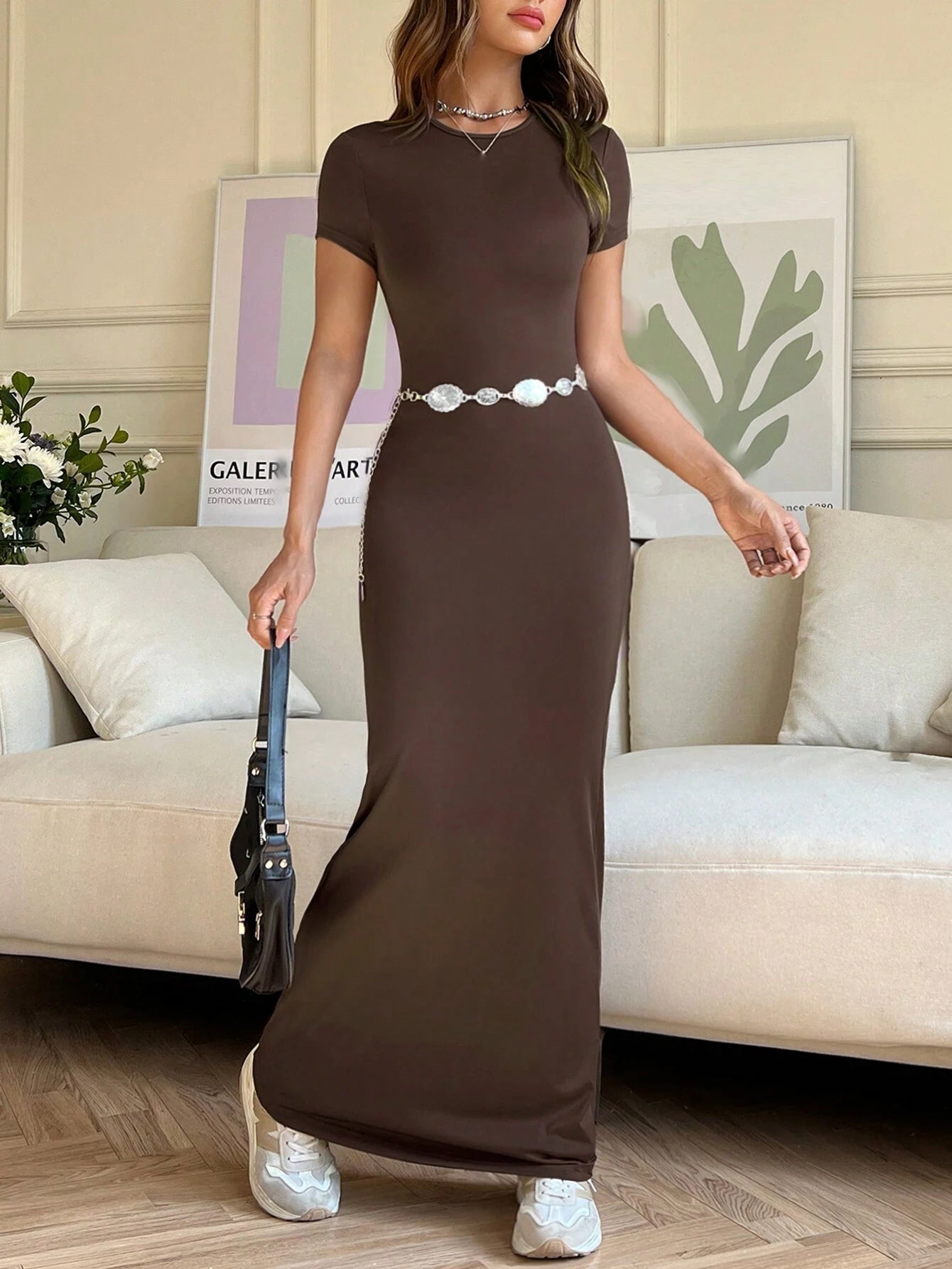 EZwear Women Summer Solid Color Short Sleeve Slim Fit Casual Midi Dress With Round Neck - WestLine Apparel