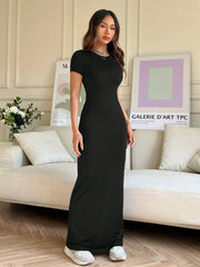 EZwear Women Summer Solid Color Short Sleeve Slim Fit Casual Midi Dress With Round Neck - WestLine Apparel