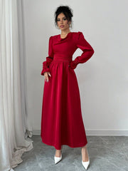 Elenzya Solid Color Pleated Waist Swing Dress With Long Sleeves - WestLine Apparel