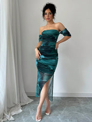 Elenzya Women's Elegant Shibori Print Off-Shoulder Bodycon Dress With Pleats And Side Slit, Summer - WestLine Apparel