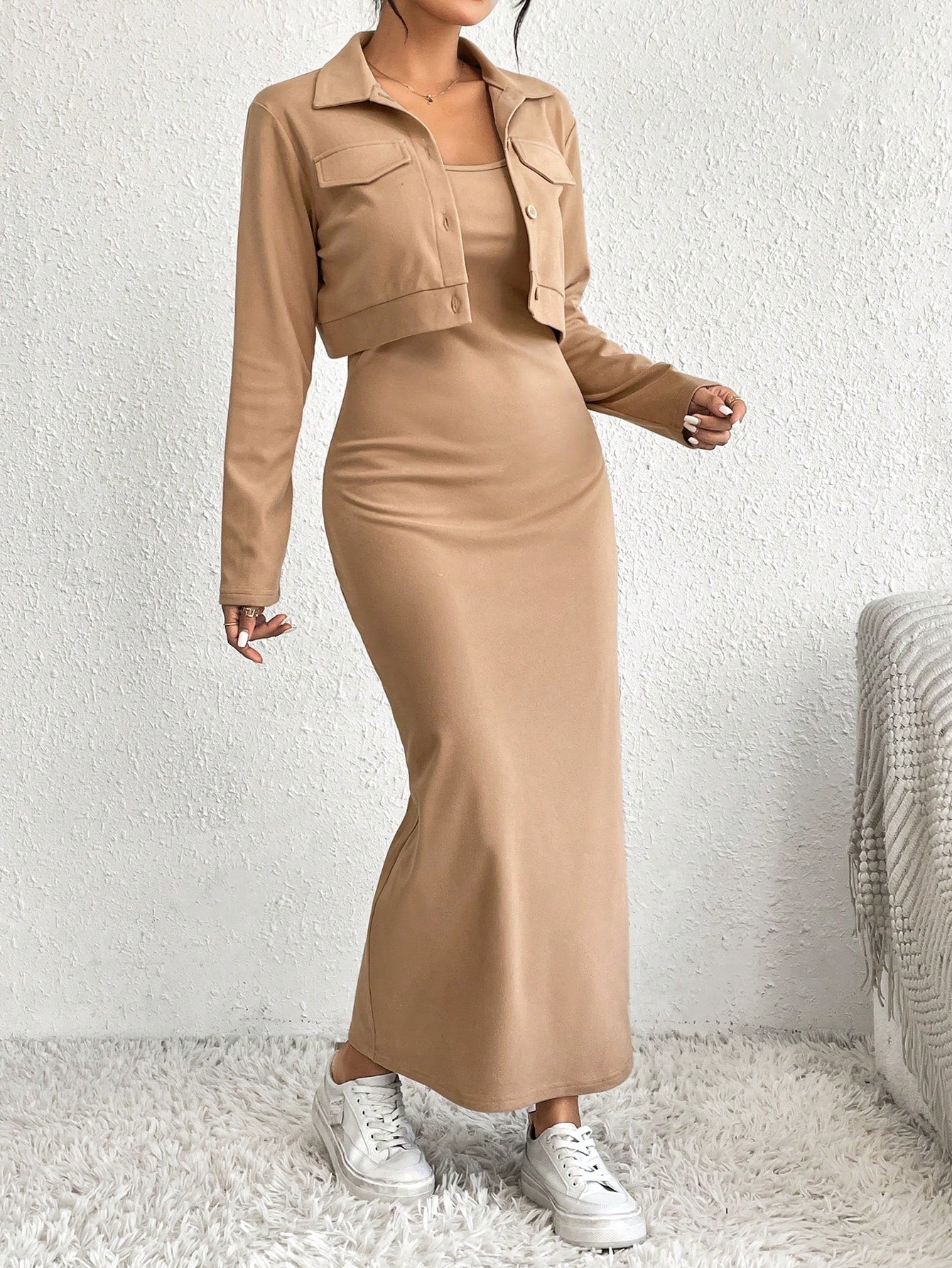 Essnce 2pcs Women's Solid Minimal Daily Long Sleeve Coat And Dress Set - WestLine Apparel