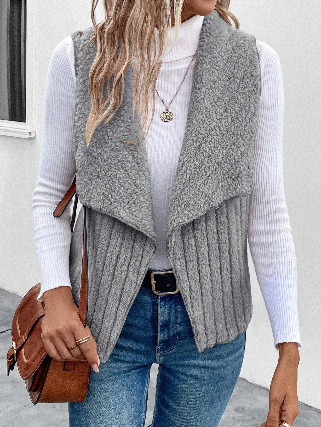 Essnce Waterfall Collar Open Front Flannel Vest Coat - WestLine Apparel