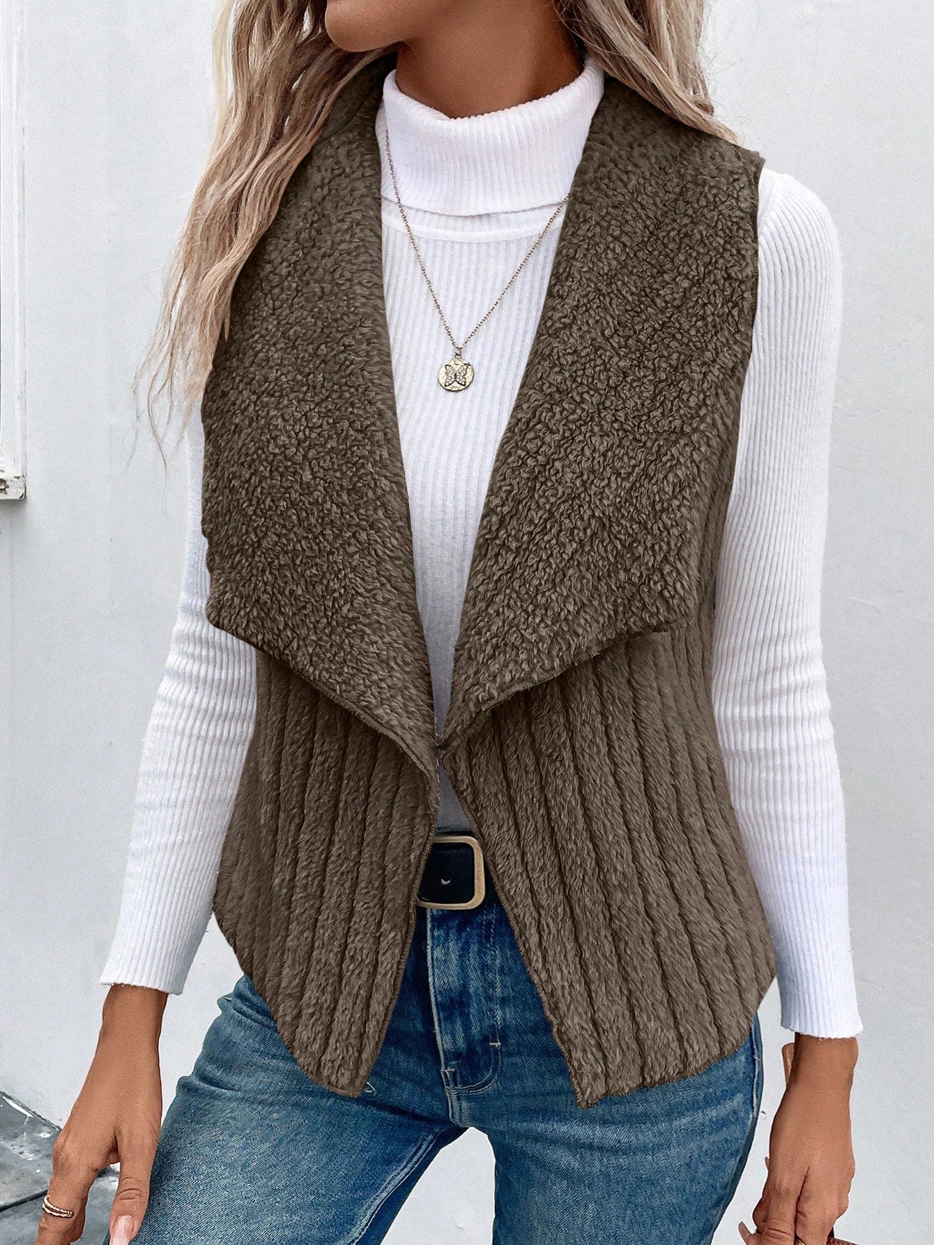 Essnce Waterfall Collar Open Front Flannel Vest Coat - WestLine Apparel
