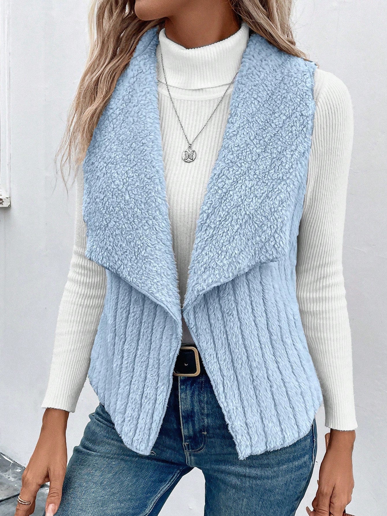 Essnce Waterfall Collar Open Front Flannel Vest Coat - WestLine Apparel