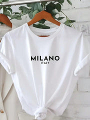 Essnce Women's Letter Print Round Neck Short Sleeve T-Shirt - WestLine Apparel