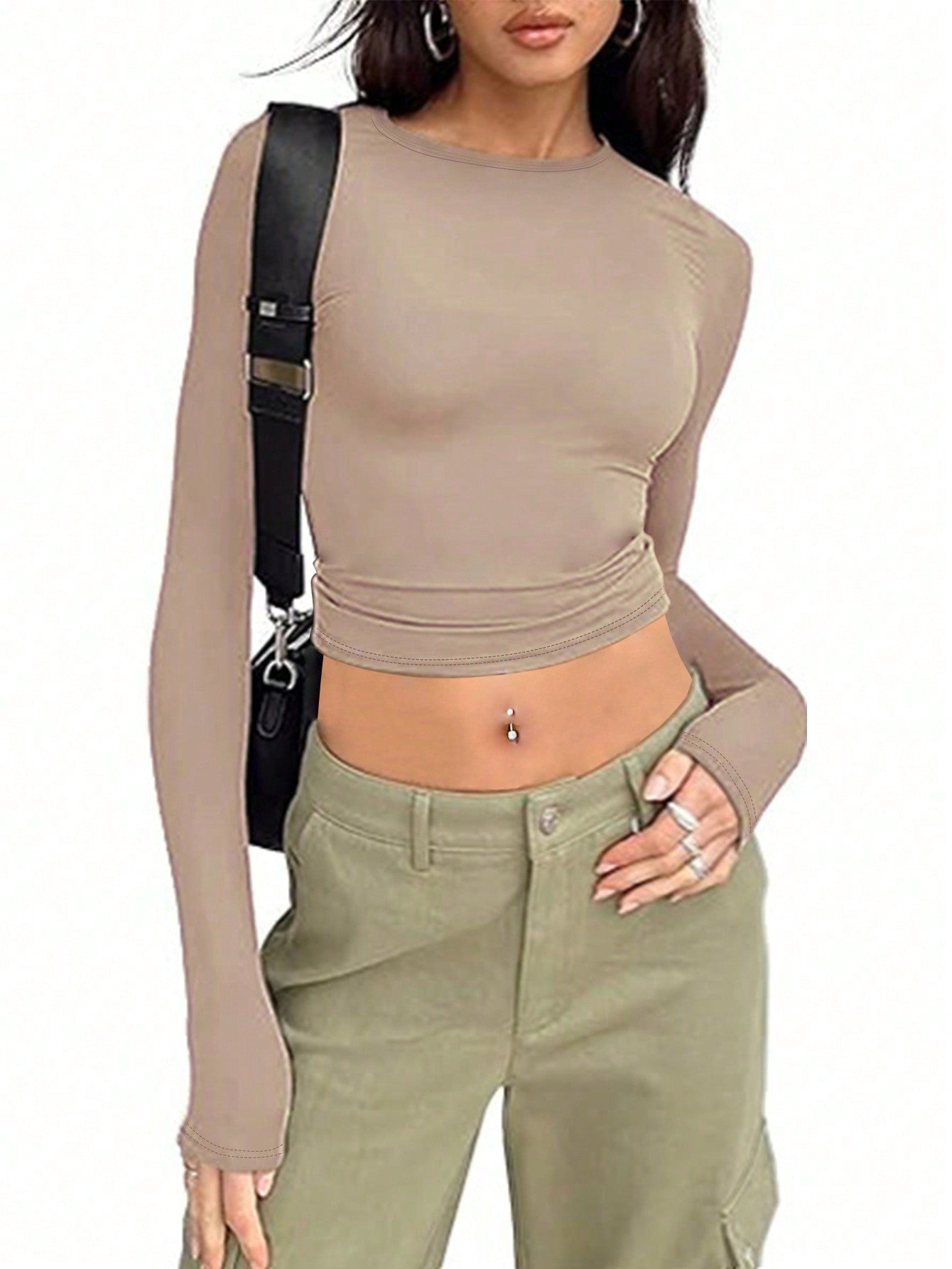 Essnce Women's Solid Color Round Neck Long Sleeve T-shirt - WestLine Apparel