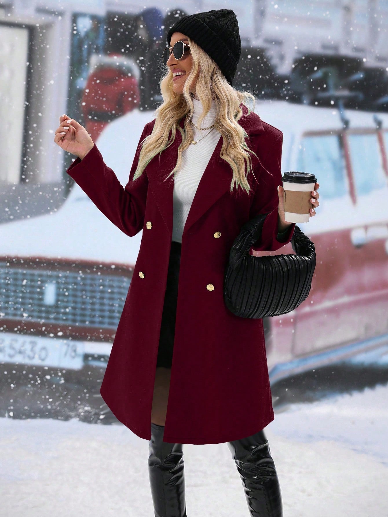 Frenchy Solid Color Double-breasted Mid-length Woolen Coat - WestLine Apparel