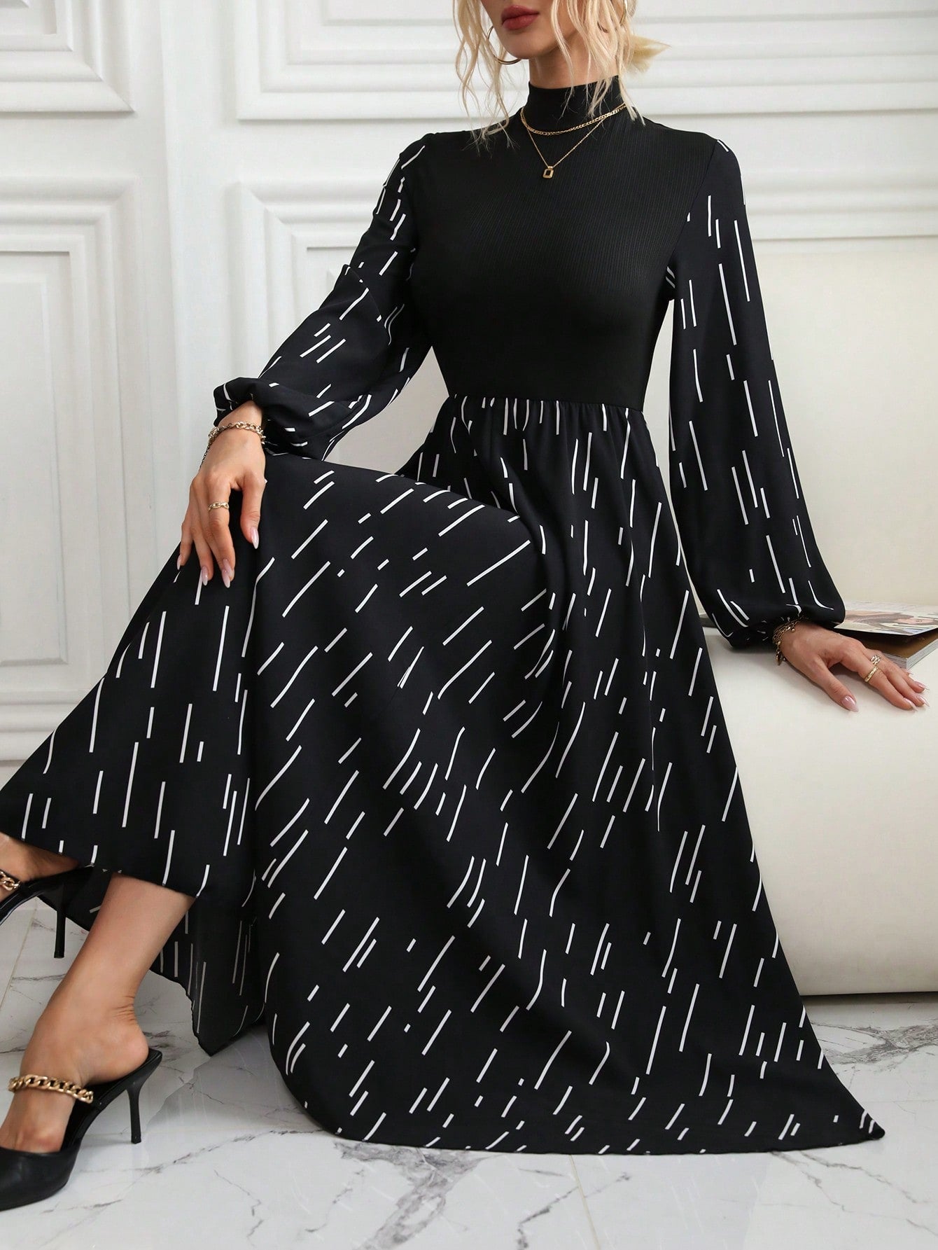 Frenchy Striped Print Mock Neck Lantern Sleeve Dress - WestLine Apparel