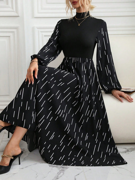Frenchy Striped Print Mock Neck Lantern Sleeve Dress - WestLine Apparel