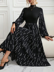 Frenchy Striped Print Mock Neck Lantern Sleeve Dress - WestLine Apparel