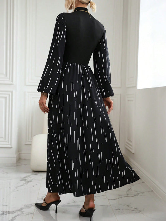 Frenchy Striped Print Mock Neck Lantern Sleeve Dress - WestLine Apparel