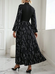 Frenchy Striped Print Mock Neck Lantern Sleeve Dress - WestLine Apparel