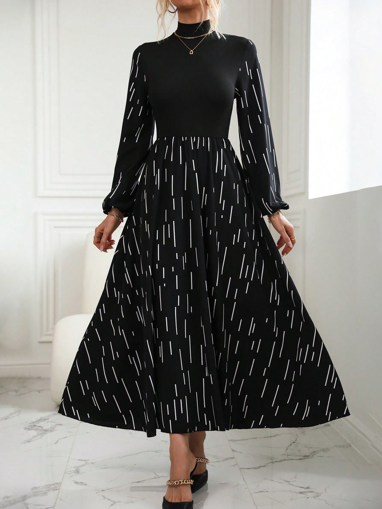 Frenchy Striped Print Mock Neck Lantern Sleeve Dress - WestLine Apparel