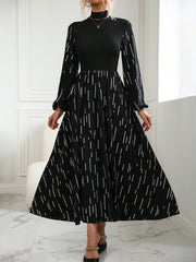 Frenchy Striped Print Mock Neck Lantern Sleeve Dress - WestLine Apparel
