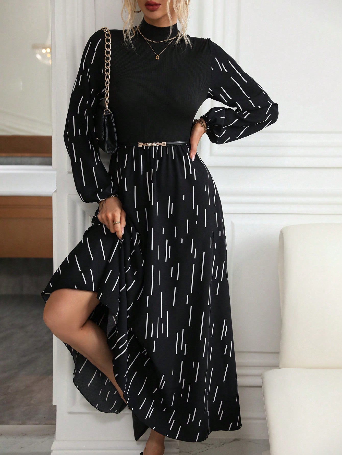 Frenchy Striped Print Mock Neck Lantern Sleeve Dress - WestLine Apparel