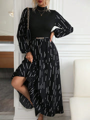 Frenchy Striped Print Mock Neck Lantern Sleeve Dress - WestLine Apparel