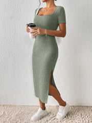 Frenchy Women's Square Neck Slim Fit High Split Square Neck Texture Fabric Summer Maxi Dress - WestLine Apparel